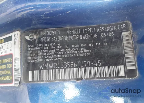 2006 Mini Cooper z USA, uszkodzony, nr VIN WMWRC33586TJ79545